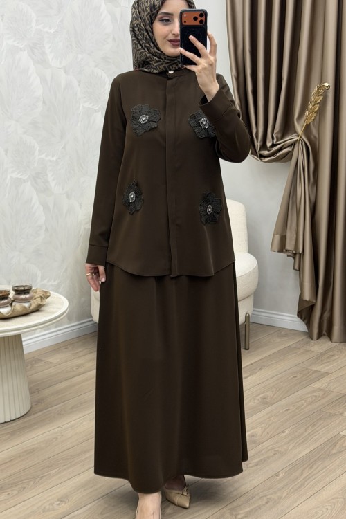 Çiçek Etek Takım Kahverengi