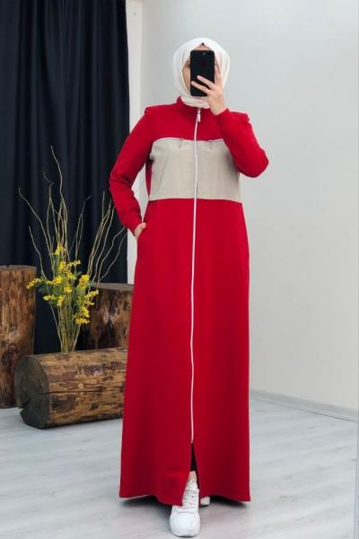 3398 Fermuarlı Penye Ferace Kırmızı