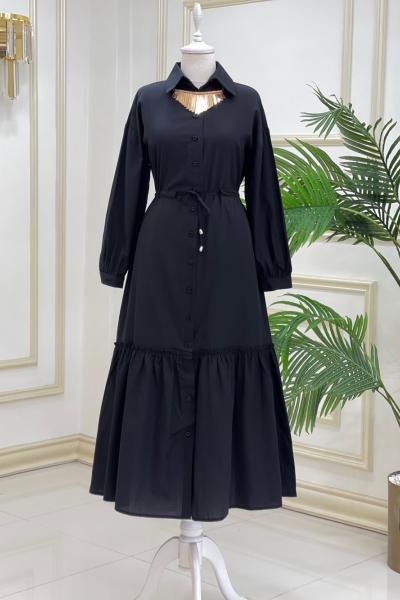 Aria Bağcıklı Düğmeli Elbise Siyah