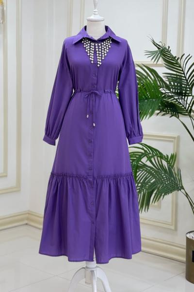 Aria Bağcıklı Düğmeli Elbise Lila