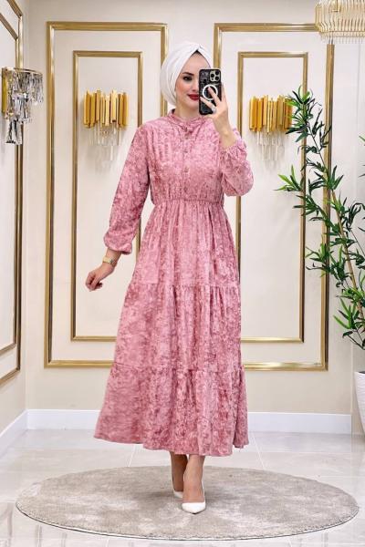 Ayşegül Kadife Elbise - Pudra