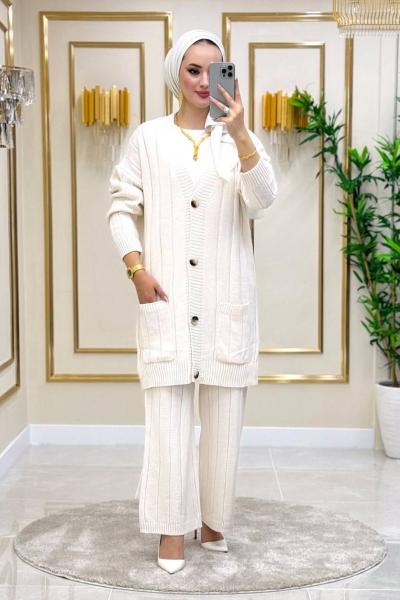 Feride Triko Hırka Takım - Ekru