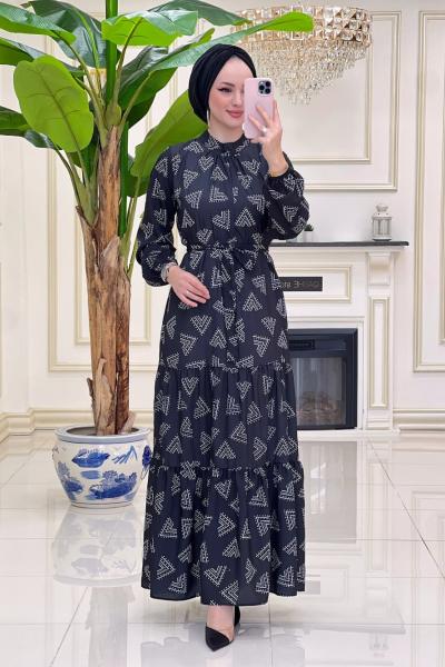 Geometrik Desen Viskon Elbise - Siyah