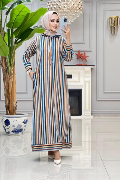 Hanife Kapşonlu Penye Elbise- Mavi