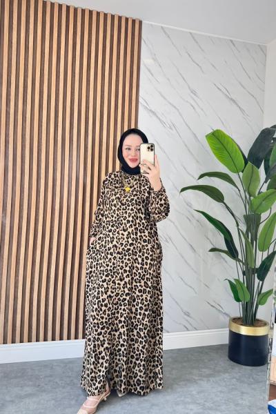 Leopar Pamuklu Viskon Elbise