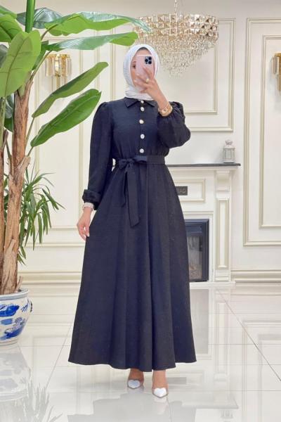 Linda Krep Elbise - Siyah