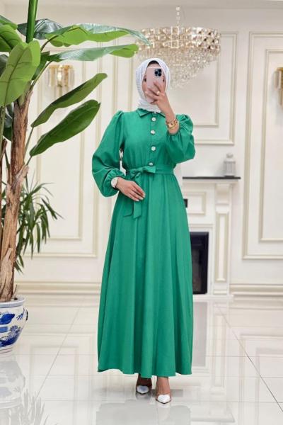 Linda Krep Elbise - Yeşil