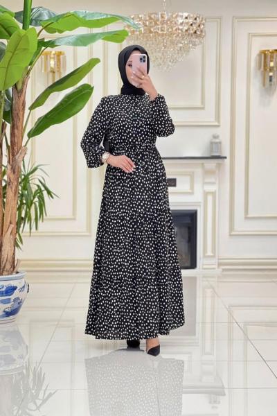 Puantiyeli Viskon Elbise - Siyah