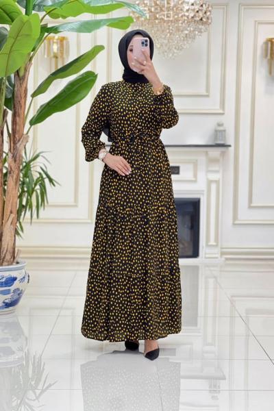 Puantiyeli Viskon Elbise - Sarı