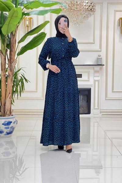 Puantiyeli Viskon Elbise - Mavi