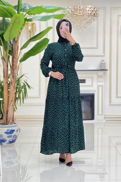 Puantiyeli Viskon Elbise - Yeşil