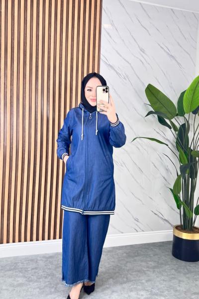 Ribanalı Tensel Kot Takım - Koyu Kot