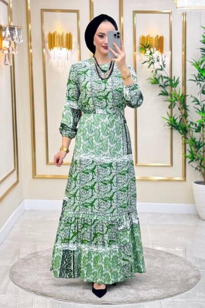 Seval Pamuklu Viskon Elbise - Yeşil