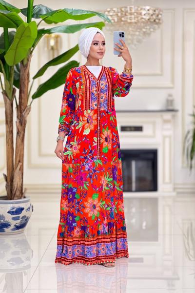 Tuğçe Düğmeli  Viskon Elbise - Turuncu