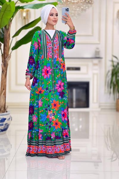 Tuğçe Düğmeli  Viskon Elbise - Zümrüt