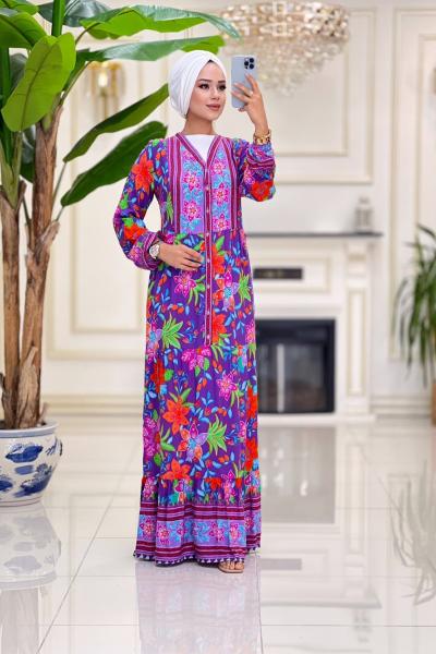 Tuğçe Düğmeli  Viskon Elbise - Mor