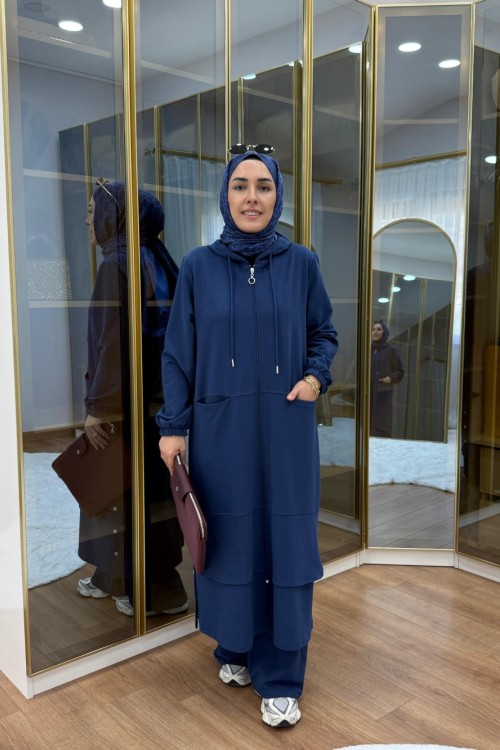 Aller Detaylı Kapüşonlu İkili Takım İndigo