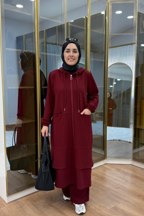 Aller Detaylı Kapüşonlu İkili Takım Bordo