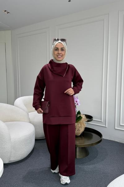 Asimetrik Yaka Scuba Takım Bordo
