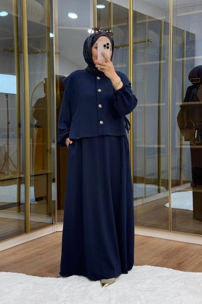 Asimetrik Düğme Detaylı Yelek Elbise Lacivert