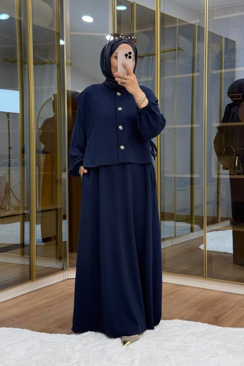 Asimetrik Düğme Detaylı Yelek Elbise Lacivert