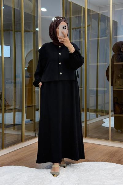 Asimetrik Düğme Detaylı Yelek Elbise Siyah