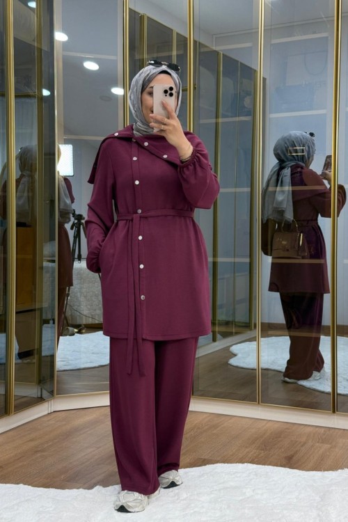 Asimetrik  Metal Düğme Detaylı Takım Mürdüm