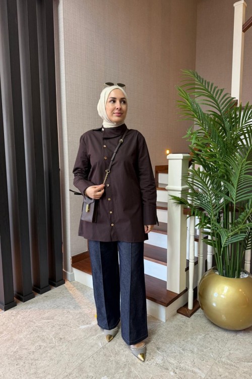 Asimetrik Yaka Gömlek Kahverengi