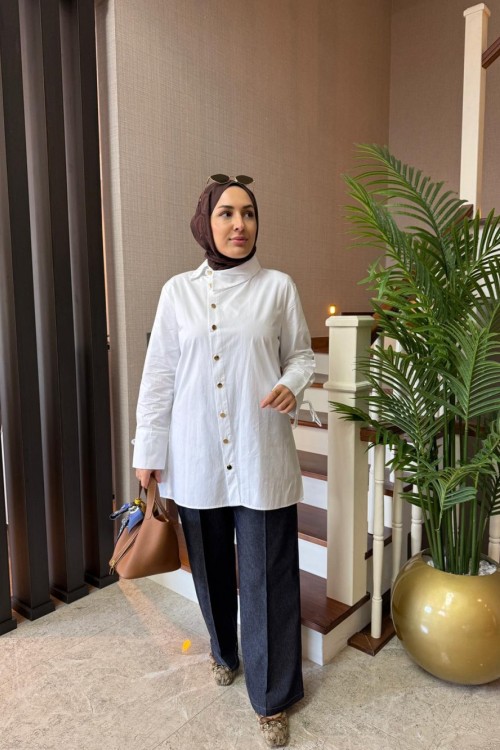 Asimetrik Yaka Gömlek Beyaz