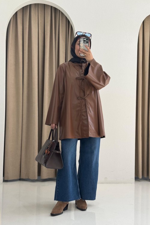 Bağlama Detaylı Uzun Deri Ceket Kahverengi