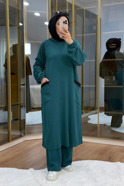 Burgu Kumaş Garnili Takım Petrol Yeşili