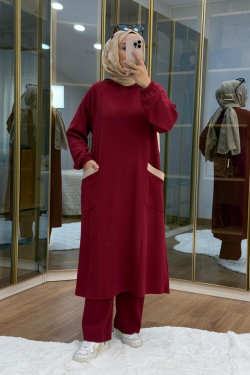 Burgu Kumaş Garnili Takım Bordo