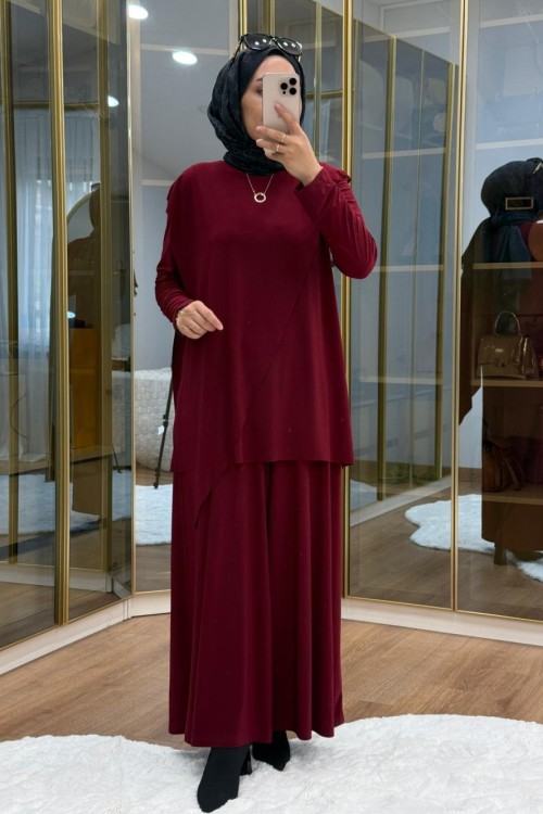 Çapraz Şal Detaylı Tilda Kumaş Takım Bordo