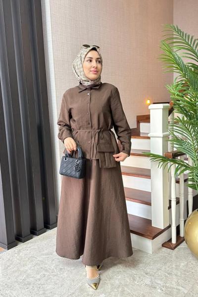 Cep Detaylı Cupra Etekli Takım  Kahverengi