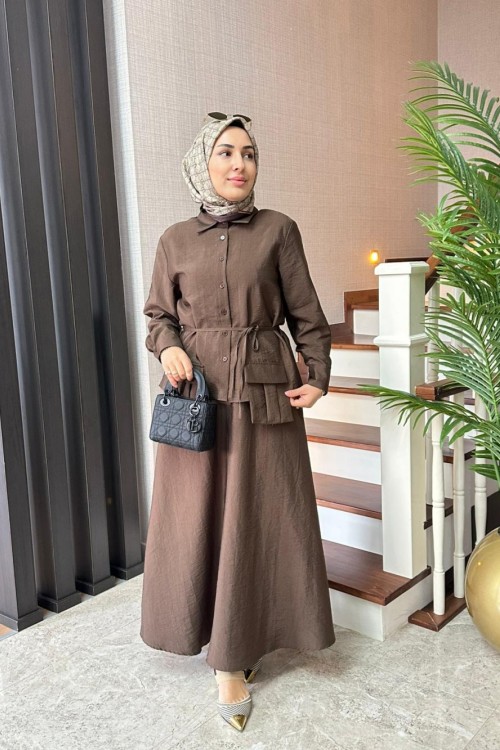 Cep Detaylı Cupra Etekli Takım  Kahverengi