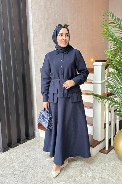 Cep Detaylı Cupra Etekli Takım  Lacivert