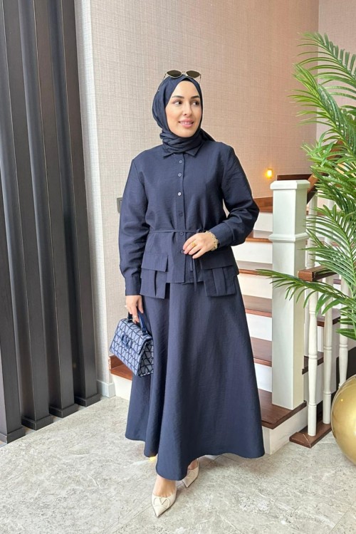 Cep Detaylı Cupra Etekli Takım  Lacivert