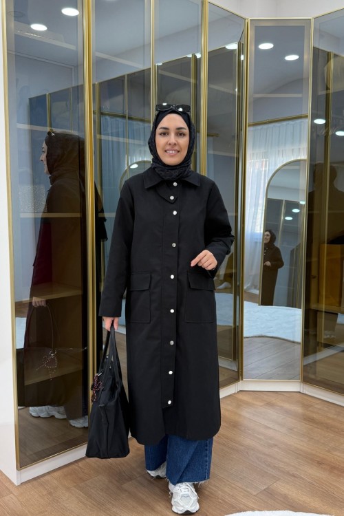 Çıtçıtlı Detaylı Parka Trençkot Siyah