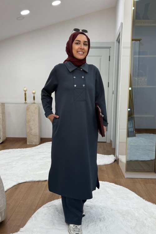 Çıtçıtlı Detaylı Maksi Boy Scuba Takım Füme