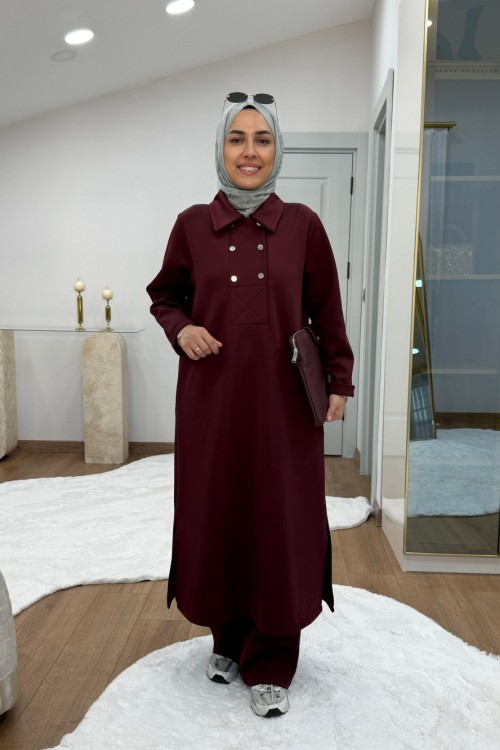 Çıtçıtlı Detaylı Maksi Boy Scuba Takım Bordo