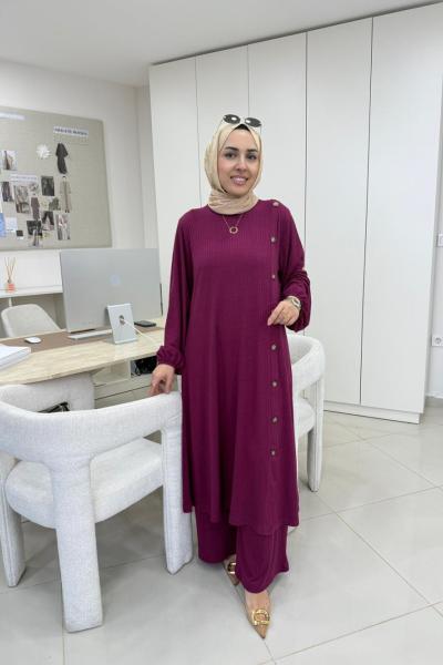 Çubuk Düğme Detaylı Takım Mürdüm