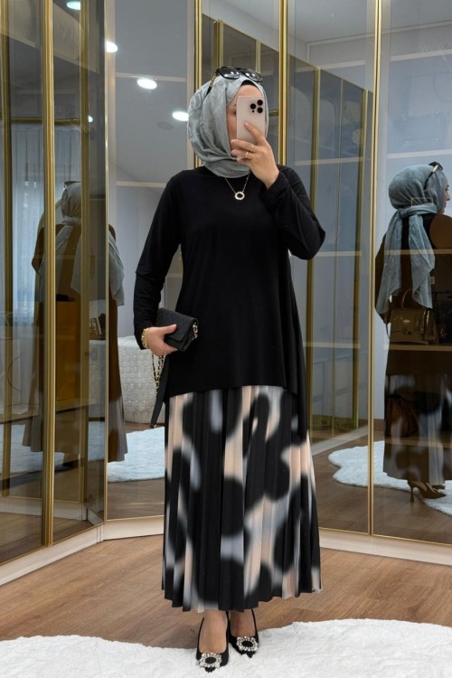 Desenli Tilda Etekli Takım Siyah