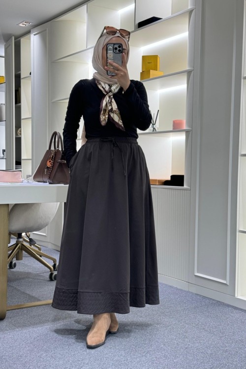 Dikiş Detaylı Beli Lastikli Etek Kahverengi