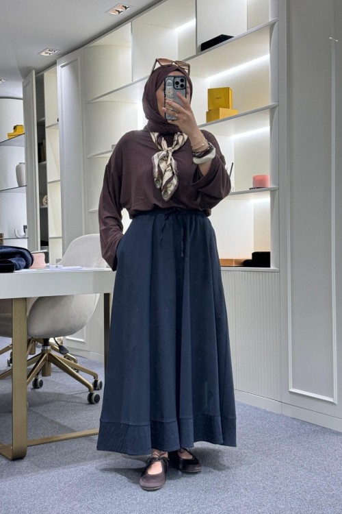 Dikiş Detaylı Beli Lastikli Etek Lacivert