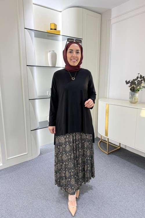 Etnik Desen Tilda Etekli Takım Siyah