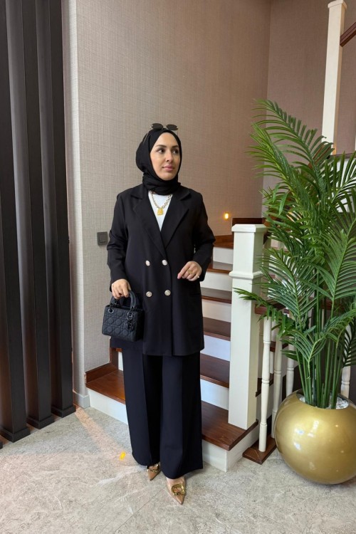 Gold Düğmeli Ceket Takım Siyah