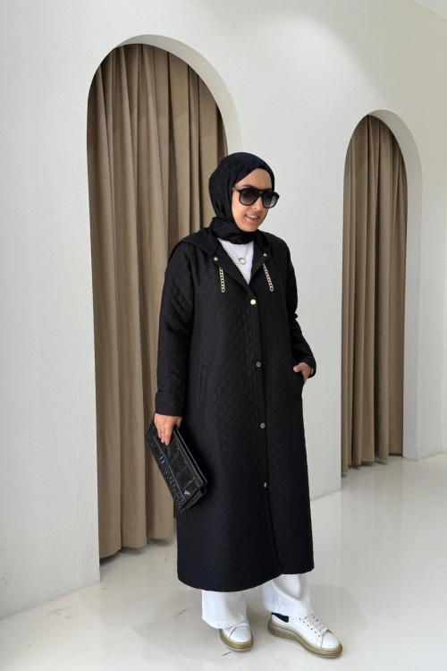 Kapüşonlu Capitone Mont Siyah