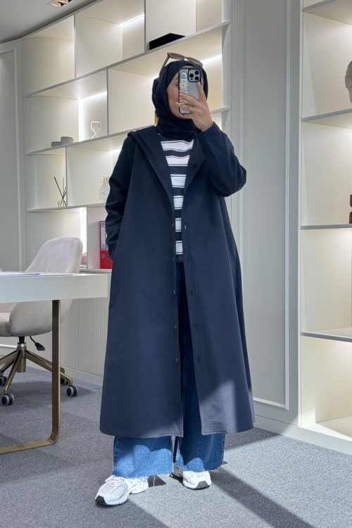 Kapüşonlu Astarlı Trençkot Lacivert