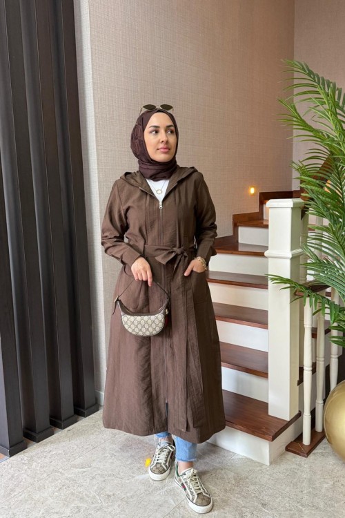 Kapüşonlu Cupra Kap Kahverengi