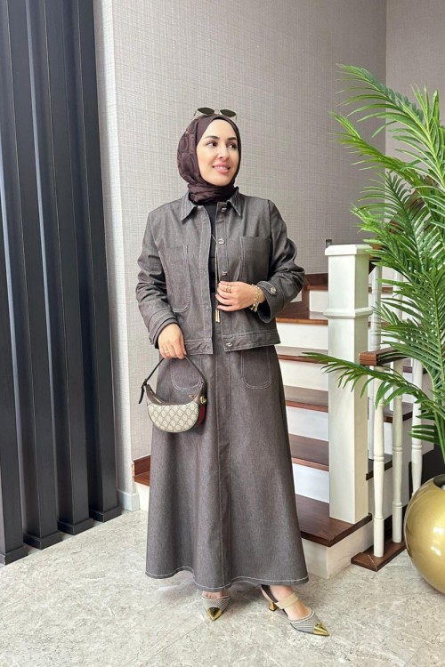 Kontrast Dikişli Kot Etekli Takım  Kahverengi